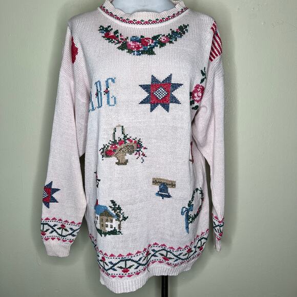 Vintage 90s Venezia Sweater 14/16 Grandmacore USA Flag Cross Stitch Cottagecore - Picture 1 of 10